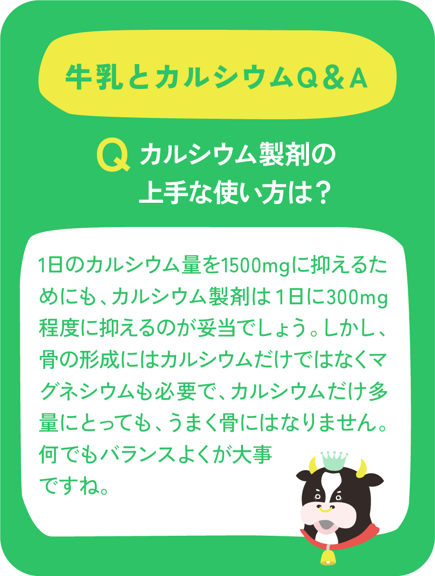 Qカルシウム製剤の上手な使い方は？ A1日のカルシウム量を1500mgに抑えるためにも、カルシウム製剤は１日に300mg程度に抑えるのが妥当でしょう。しかし、骨の形成にはカルシウムだけではなくマグネシウムも必要で、カルシウムだけ多量にとっても、うまく骨にはなりません。何でもバランスよくが大事ですね。